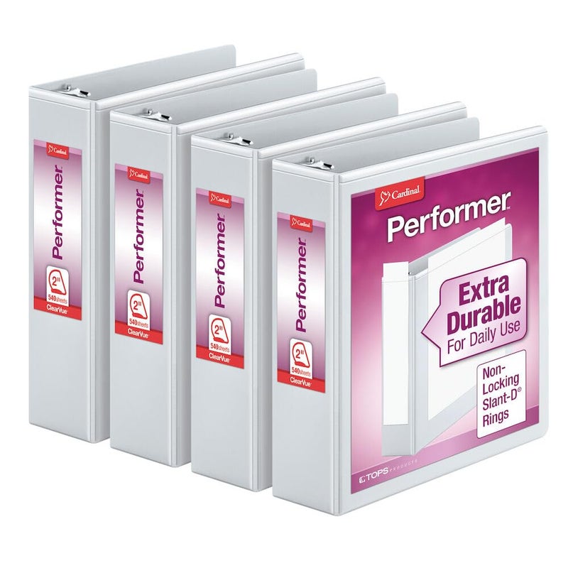 Cardinal Performer 3-Ring Binders, 2", Non-Locking Slant-D Rings, 540-Sheet Capacity, Clearvue Presentation, Non-Stick, PVC-Free, White, 4-Pack (27500), 2-Inch - Image 1